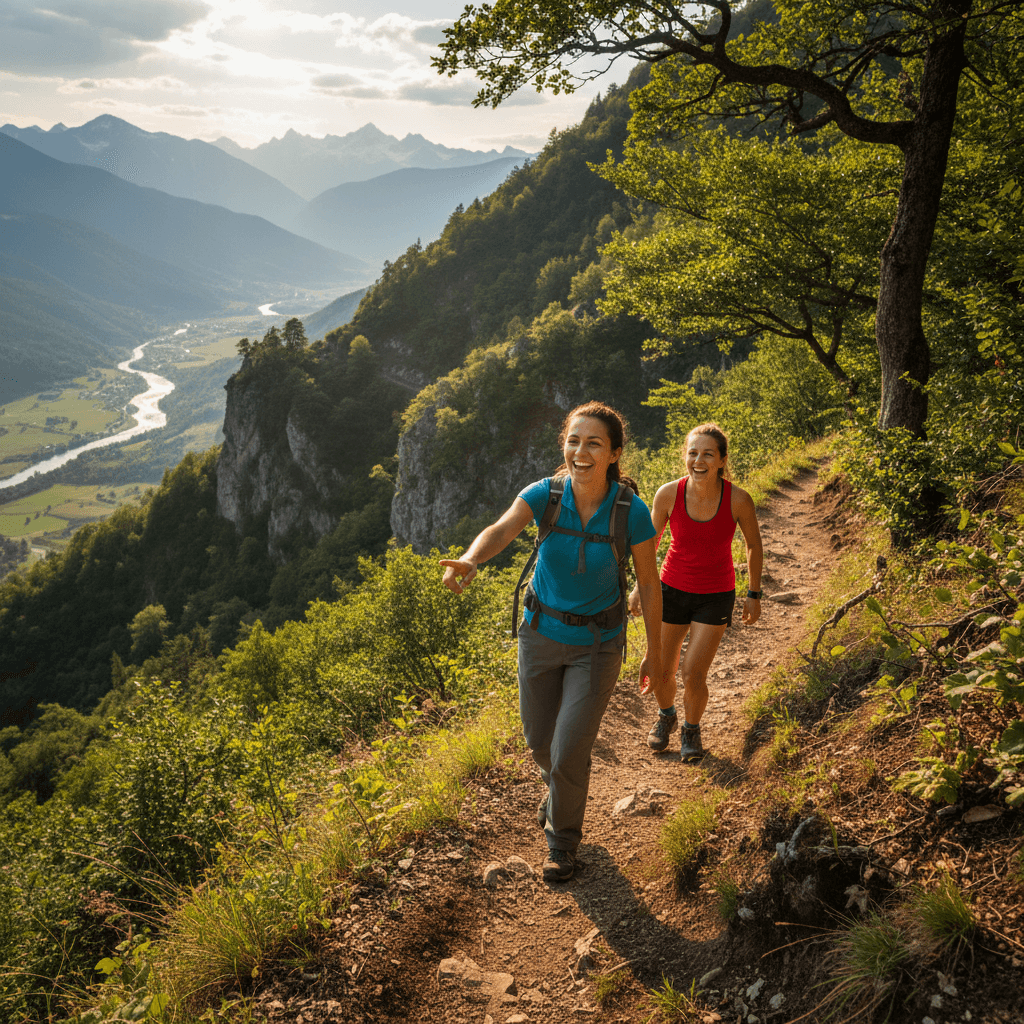 Two women enjoying an outdoor activity together in natural surroundings